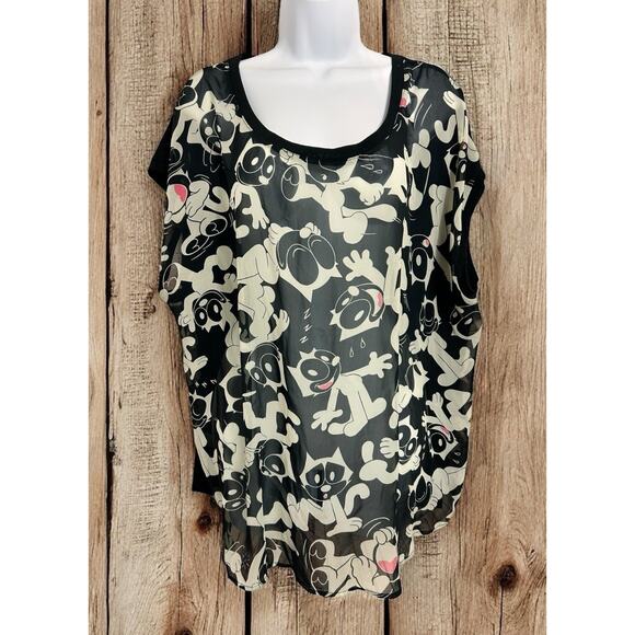 Felix The Cat Black White Sleeveless Blouse Sz 2X 18/20 2 Torrid Semi Sheer Top - Picture 1 of 7